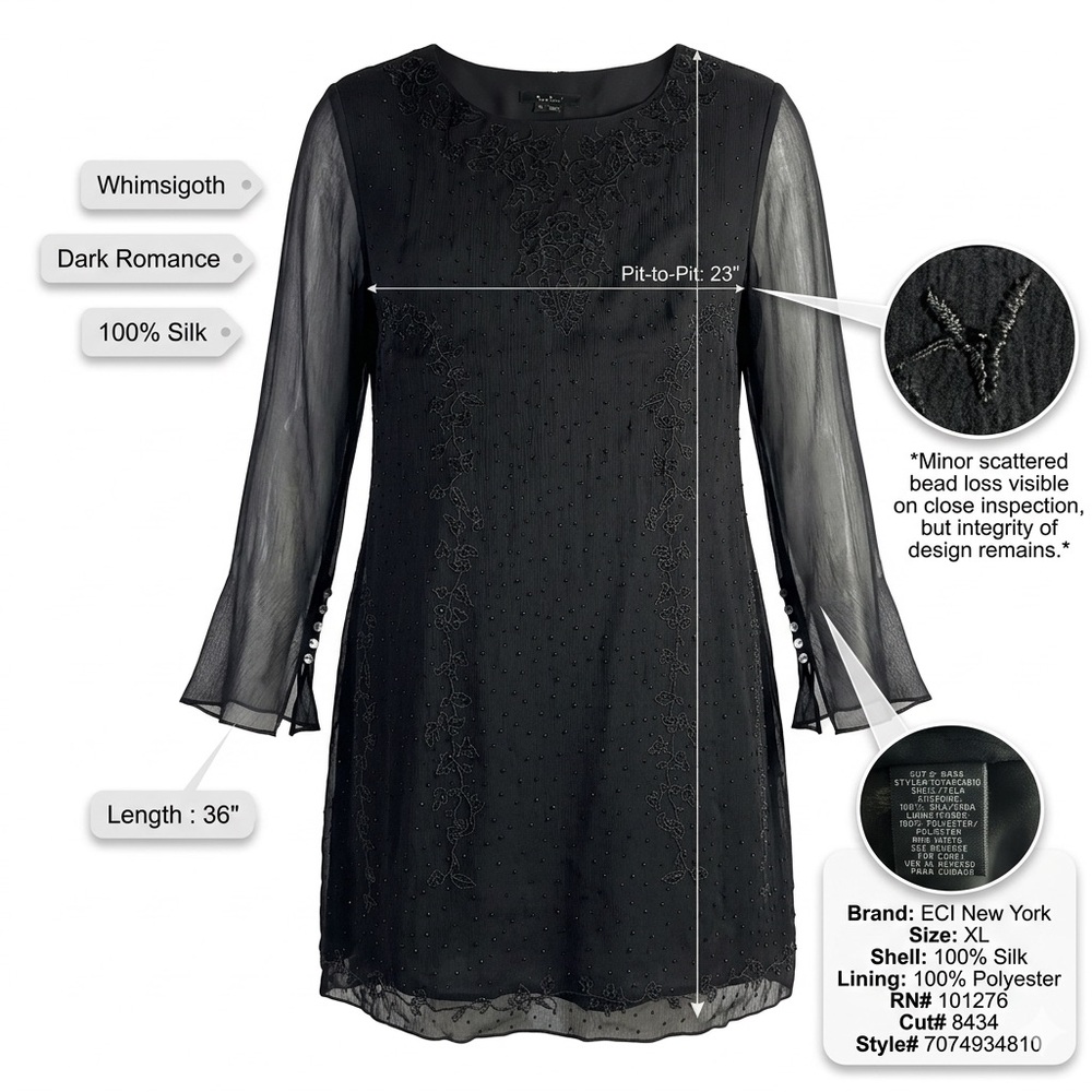 Vintage ECI New York 100% Silk Beaded & Embroidered Mini Dress - Whimsigoth - XL